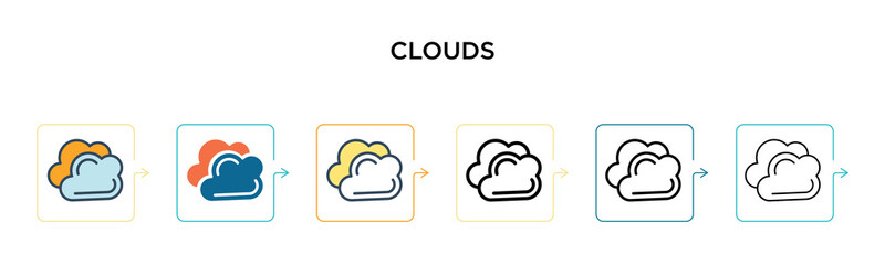 Clouds vector icon in 6 different modern styles. Black, two colored clouds icons designed in filled, outline, line and stroke style. Vector illustration can be used for web, mobile, ui