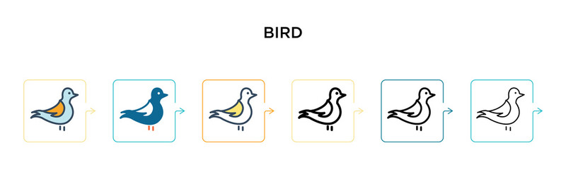 Bird vector icon in 6 different modern styles. Black, two colored bird icons designed in filled, outline, line and stroke style. Vector illustration can be used for web, mobile, ui