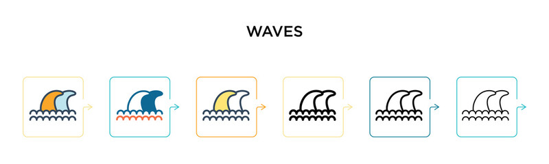 Waves vector icon in 6 different modern styles. Black, two colored waves icons designed in filled, outline, line and stroke style. Vector illustration can be used for web, mobile, ui