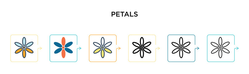 Petals vector icon in 6 different modern styles. Black, two colored petals icons designed in filled, outline, line and stroke style. Vector illustration can be used for web, mobile, ui