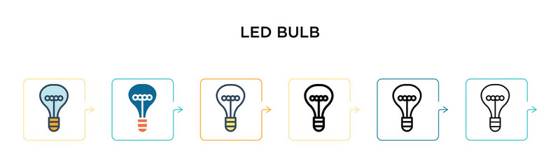 Led bulb vector icon in 6 different modern styles. Black, two colored led bulb icons designed in filled, outline, line and stroke style. Vector illustration can be used for web, mobile, ui