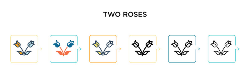 Two roses vector icon in 6 different modern styles. Black, two colored two roses icons designed in filled, outline, line and stroke style. Vector illustration can be used for web, mobile, ui