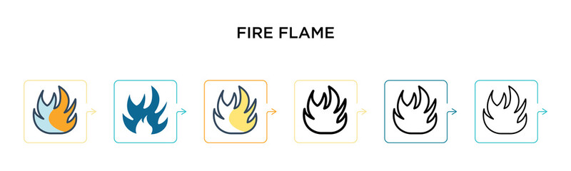 Fire flame vector icon in 6 different modern styles. Black, two colored fire flame icons designed in filled, outline, line and stroke style. Vector illustration can be used for web, mobile, ui