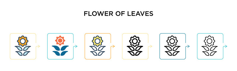 Flower of leaves vector icon in 6 different modern styles. Black, two colored flower of leaves icons designed in filled, outline, line and stroke style. Vector illustration can be used for web,