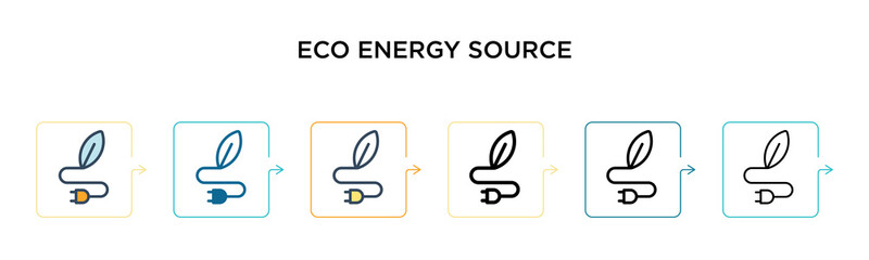 Eco energy source vector icon in 6 different modern styles. Black, two colored eco energy source icons designed in filled, outline, line and stroke style. Vector illustration can be used for web,