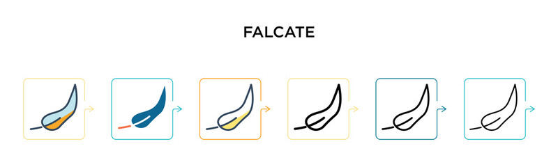 Falcate vector icon in 6 different modern styles. Black, two colored falcate icons designed in filled, outline, line and stroke style. Vector illustration can be used for web, mobile, ui