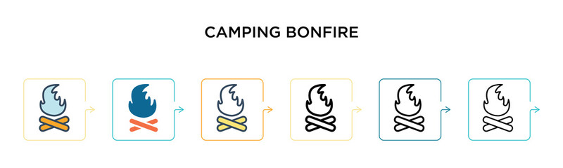 Camping bonfire vector icon in 6 different modern styles. Black, two colored camping bonfire icons designed in filled, outline, line and stroke style. Vector illustration can be used for web, mobile,