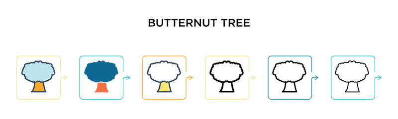 Butternut tree vector icon in 6 different modern styles. Black, two colored butternut tree icons designed in filled, outline, line and stroke style. Vector illustration can be used for web, mobile, ui