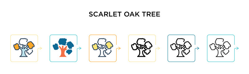Scarlet oak tree vector icon in 6 different modern styles. Black, two colored scarlet oak tree icons designed in filled, outline, line and stroke style. Vector illustration can be used for web,