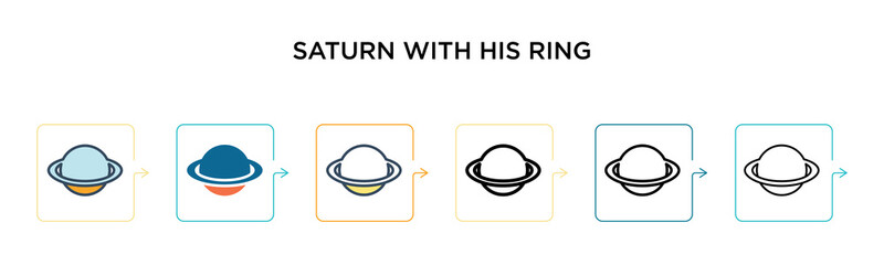Saturn with his ring vector icon in 6 different modern styles. Black, two colored saturn with his ring icons designed in filled, outline, line and stroke style. Vector illustration can be used for