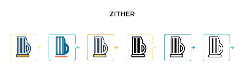 Zither vector icon in 6 different modern styles. Black, two colored zither icons designed in filled, outline, line and stroke style. Vector illustration can be used for web, mobile, ui