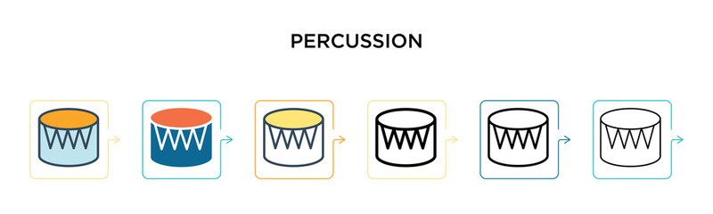 Percussion vector icon in 6 different modern styles. Black, two colored percussion icons designed in filled, outline, line and stroke style. Vector illustration can be used for web, mobile, ui
