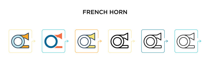 French horn vector icon in 6 different modern styles. Black, two colored french horn icons designed in filled, outline, line and stroke style. Vector illustration can be used for web, mobile, ui