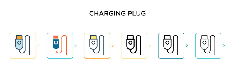 Charging plug vector icon in 6 different modern styles. Black, two colored charging plug icons designed in filled, outline, line and stroke style. Vector illustration can be used for web, mobile, ui