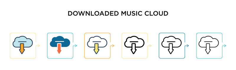 Downloaded music cloud vector icon in 6 different modern styles. Black, two colored downloaded music cloud icons designed in filled, outline, line and stroke style. Vector illustration can be used for