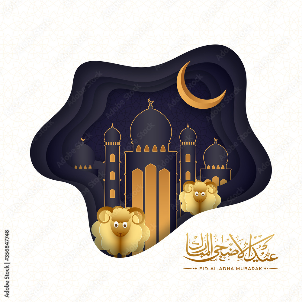 Wall mural Paper Layer Cut Background with Mosque, Two Cartoon Sheep, Crescent Moon and Golden Arabic Calligraphy of Eid-Al-Adha Mubarak Text.