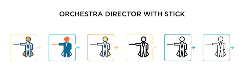 Orchestra director with stick vector icon in 6 different modern styles. Black, two colored orchestra director with stick icons designed in filled, outline, line and stroke style. Vector illustration
