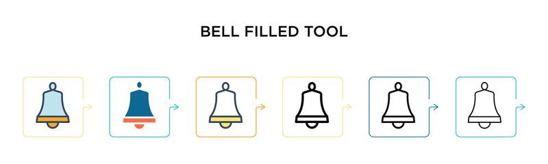 Bell filled tool vector icon in 6 different modern styles. Black, two colored bell filled tool icons designed in filled, outline, line and stroke style. Vector illustration can be used for web,