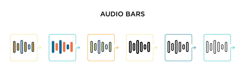 Audio bars vector icon in 6 different modern styles. Black, two colored audio bars icons designed in filled, outline, line and stroke style. Vector illustration can be used for web, mobile, ui