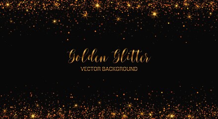 Golden glitter background, sparkling falling confetti, magic glow, space for text. Vector decoration.