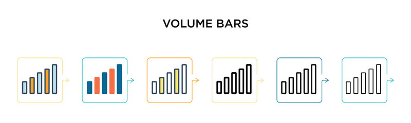 Volume bars vector icon in 6 different modern styles. Black, two colored volume bars icons designed in filled, outline, line and stroke style. Vector illustration can be used for web, mobile, ui