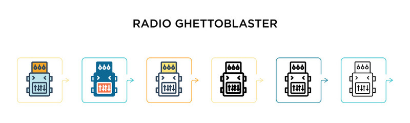 Radio ghettoblaster vector icon in 6 different modern styles. Black, two colored radio ghettoblaster icons designed in filled, outline, line and stroke style. Vector illustration can be used for web,