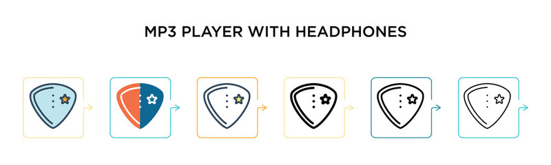 Mp3 player with headphones vector icon in 6 different modern styles. Black, two colored mp3 player with headphones icons designed in filled, outline, line and stroke style. Vector illustration can be