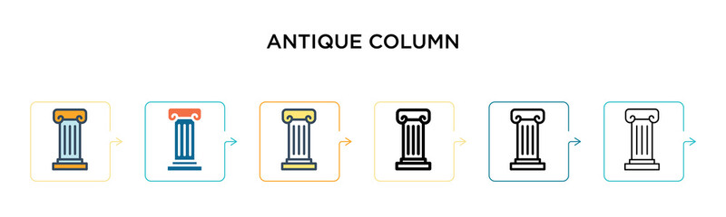 Antique column vector icon in 6 different modern styles. Black, two colored antique column icons designed in filled, outline, line and stroke style. Vector illustration can be used for web, mobile, ui