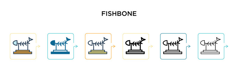 Fishbone vector icon in 6 different modern styles. Black, two colored fishbone icons designed in filled, outline, line and stroke style. Vector illustration can be used for web, mobile, ui