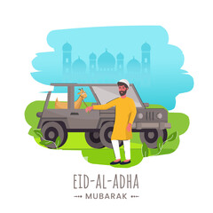 Eid-Al-Adha Mubarak Concept with Muslim Man holding Rope of Goat Standing on Jeep and Abstract Silhouette Mosque Background.