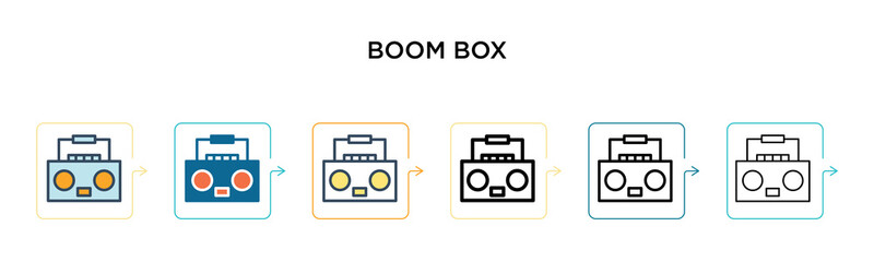 Boom box vector icon in 6 different modern styles. Black, two colored boom box icons designed in filled, outline, line and stroke style. Vector illustration can be used for web, mobile, ui