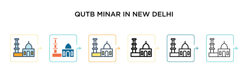 Qutb minar in new delhi vector icon in 6 different modern styles. Black, two colored qutb minar in new delhi icons designed in filled, outline, line and stroke style. Vector illustration can be used