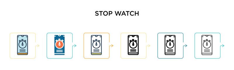 Stop watch vector icon in 6 different modern styles. Black, two colored stop watch icons designed in filled, outline, line and stroke style. Vector illustration can be used for web, mobile, ui