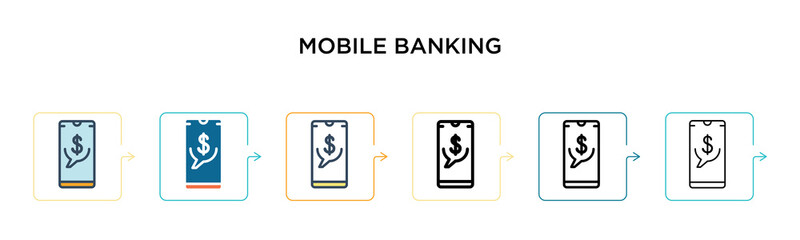 Mobile banking vector icon in 6 different modern styles. Black, two colored mobile banking icons designed in filled, outline, line and stroke style. Vector illustration can be used for web, mobile, ui