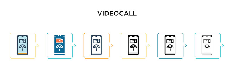 Videocall vector icon in 6 different modern styles. Black, two colored videocall icons designed in filled, outline, line and stroke style. Vector illustration can be used for web, mobile, ui