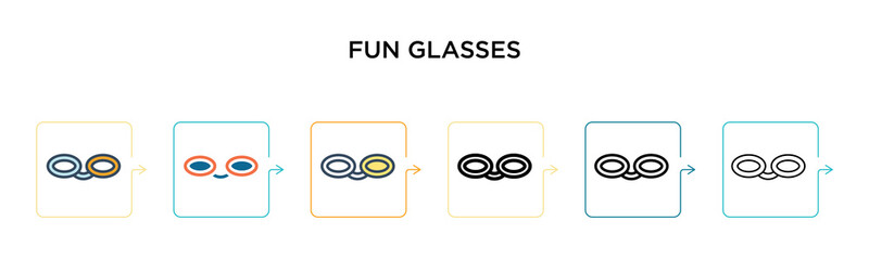 Fun glasses vector icon in 6 different modern styles. Black, two colored fun glasses icons designed in filled, outline, line and stroke style. Vector illustration can be used for web, mobile, ui