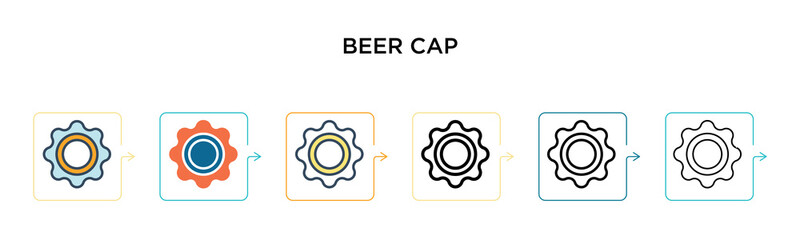 Beer cap vector icon in 6 different modern styles. Black, two colored beer cap icons designed in filled, outline, line and stroke style. Vector illustration can be used for web, mobile, ui
