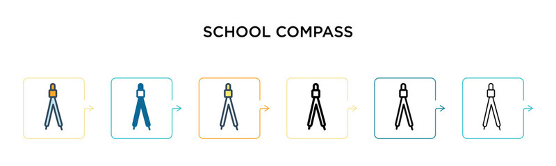 School compass vector icon in 6 different modern styles. Black, two colored school compass icons designed in filled, outline, line and stroke style. Vector illustration can be used for web, mobile, ui