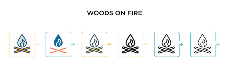 Woods on fire vector icon in 6 different modern styles. Black, two colored woods on fire icons designed in filled, outline, line and stroke style. Vector illustration can be used for web, mobile, ui