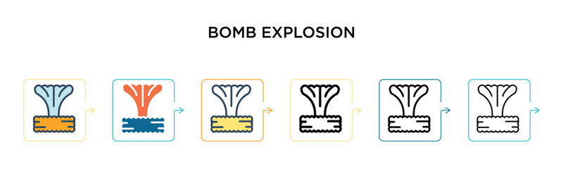 Bomb explosion vector icon in 6 different modern styles. Black, two colored bomb explosion icons designed in filled, outline, line and stroke style. Vector illustration can be used for web, mobile, ui