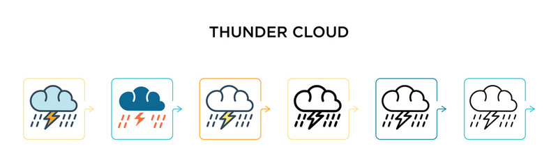 Thunder cloud vector icon in 6 different modern styles. Black, two colored thunder cloud icons designed in filled, outline, line and stroke style. Vector illustration can be used for web, mobile, ui