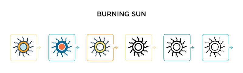 Burning sun vector icon in 6 different modern styles. Black, two colored burning sun icons designed in filled, outline, line and stroke style. Vector illustration can be used for web, mobile, ui