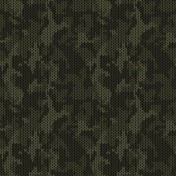 Stylish knitted military camo. Dark green khaki wool camouflage pattern . Seamless texture. Design for fabric printing. Vector background