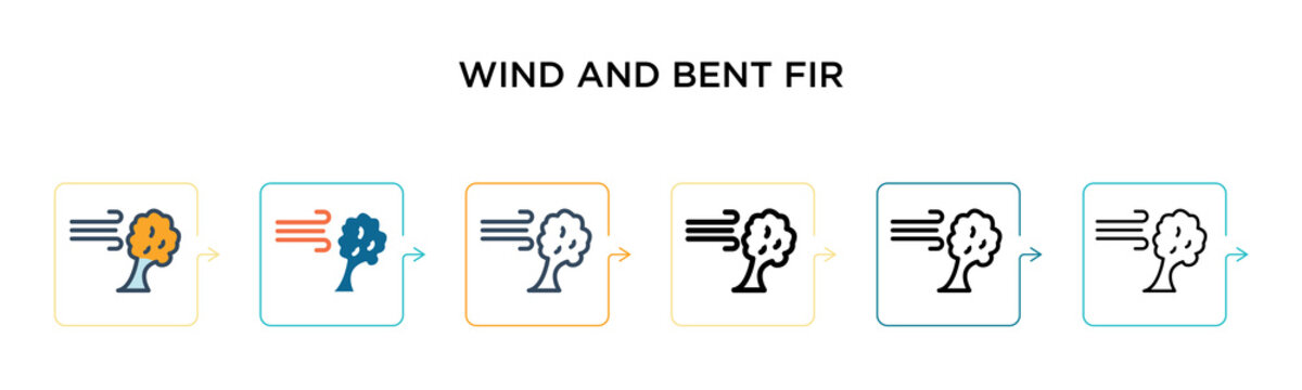 Wind and bent fir vector icon in 6 different modern styles. Black, two colored wind and bent fir icons designed in filled, outline, line and stroke style. Vector illustration can be used for web,