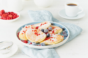 Fluffy japanese pancake, thick souffle. Trendy food. Delicious Breakfast