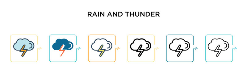 Rain and thunder vector icon in 6 different modern styles. Black, two colored rain and thunder icons designed in filled, outline, line and stroke style. Vector illustration can be used for web,
