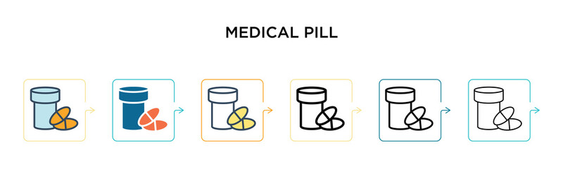 Medical pill vector icon in 6 different modern styles. Black, two colored medical pill icons designed in filled, outline, line and stroke style. Vector illustration can be used for web, mobile, ui