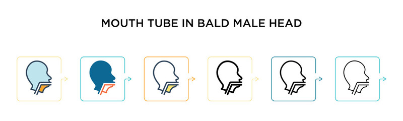 Mouth tube in bald male head vector icon in 6 different modern styles. Black, two colored mouth tube in bald male head icons designed in filled, outline, line and stroke style. Vector illustration can