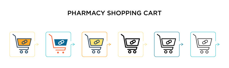 Pharmacy shopping cart vector icon in 6 different modern styles. Black, two colored pharmacy shopping cart icons designed in filled, outline, line and stroke style. Vector illustration can be used for © Premium Art
