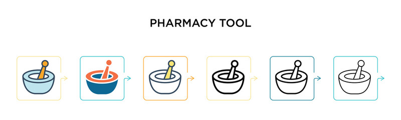 Pharmacy tool vector icon in 6 different modern styles. Black, two colored pharmacy tool icons designed in filled, outline, line and stroke style. Vector illustration can be used for web, mobile, ui